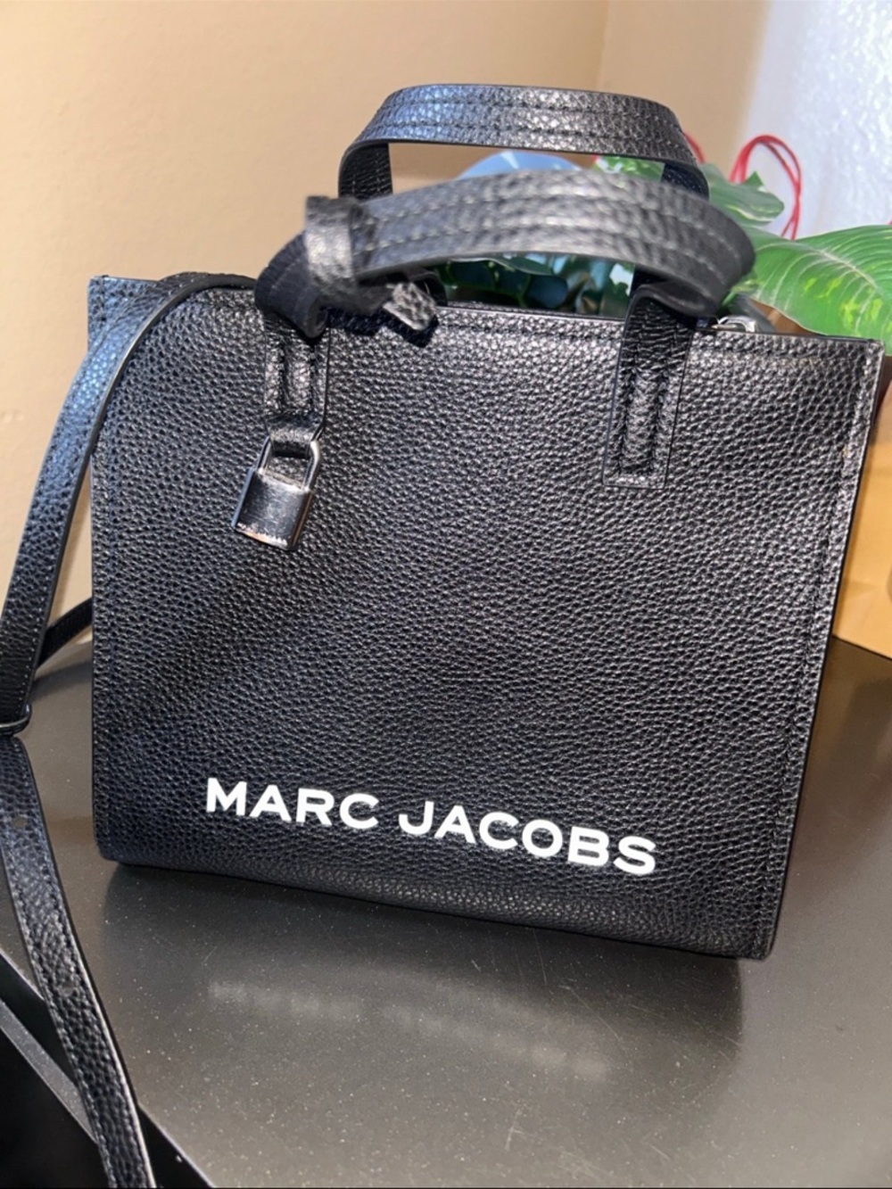 Marc Jacobs Black Pebbled Leather Mini Tote with White Logo